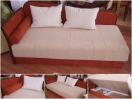 Sofa "Suzana Lux". dim.90x200cm. Žičano jezgro dodatno ojačano sunđerom, kutija za posteljinu ispod sedećeg dela (sedeći deo se lako podiže zbog ugrađenih makaza).